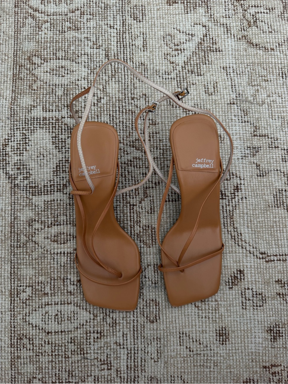 Jeffrey Campbell Tan Leather Strappy Square-Toe Heels with Thin Ankle Strap